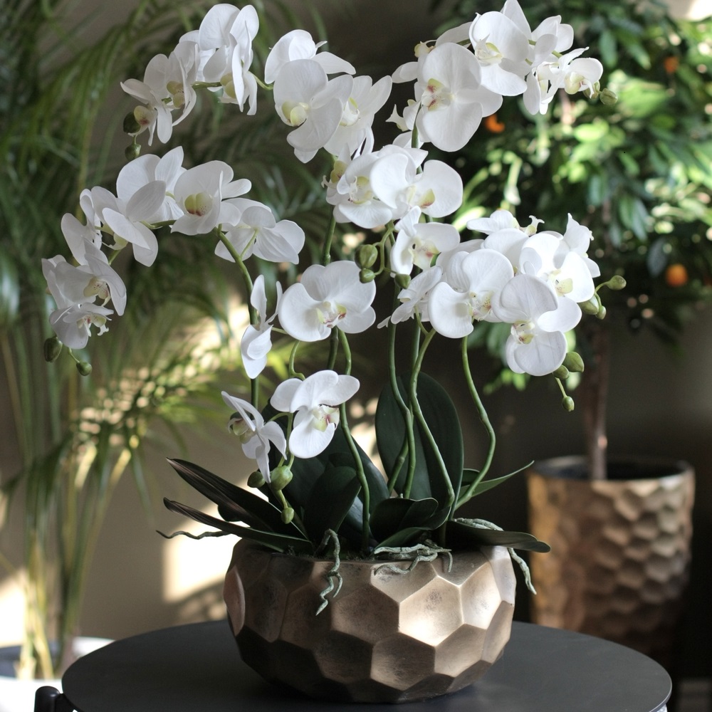 Композиция "Орхидея белая 7 веток  в золотом кашпо Мозаик"